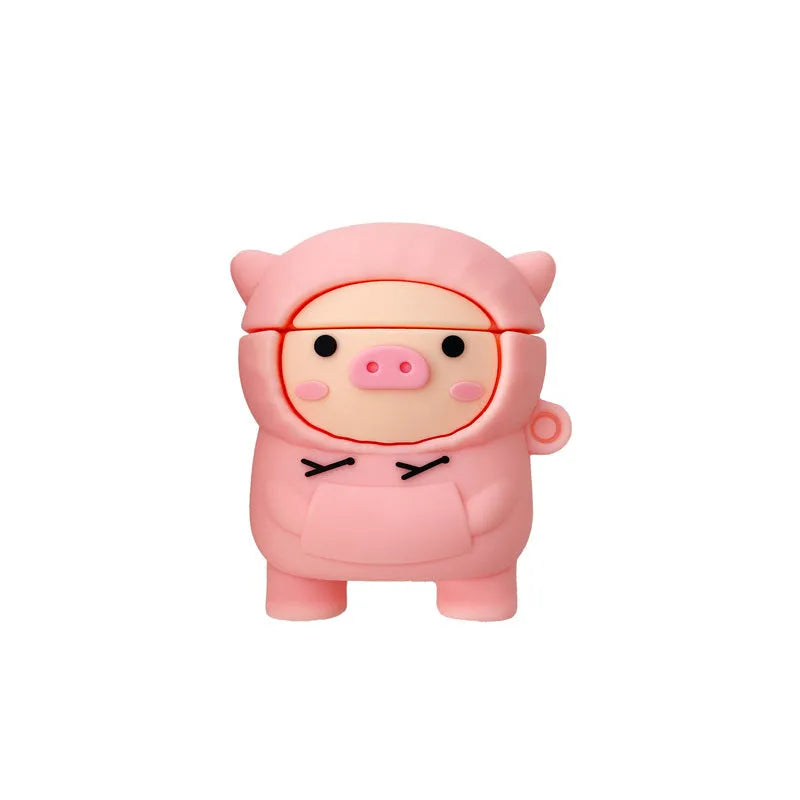 Pink silicone flip case for AirPods with cartoon pig design and a metal hook.
