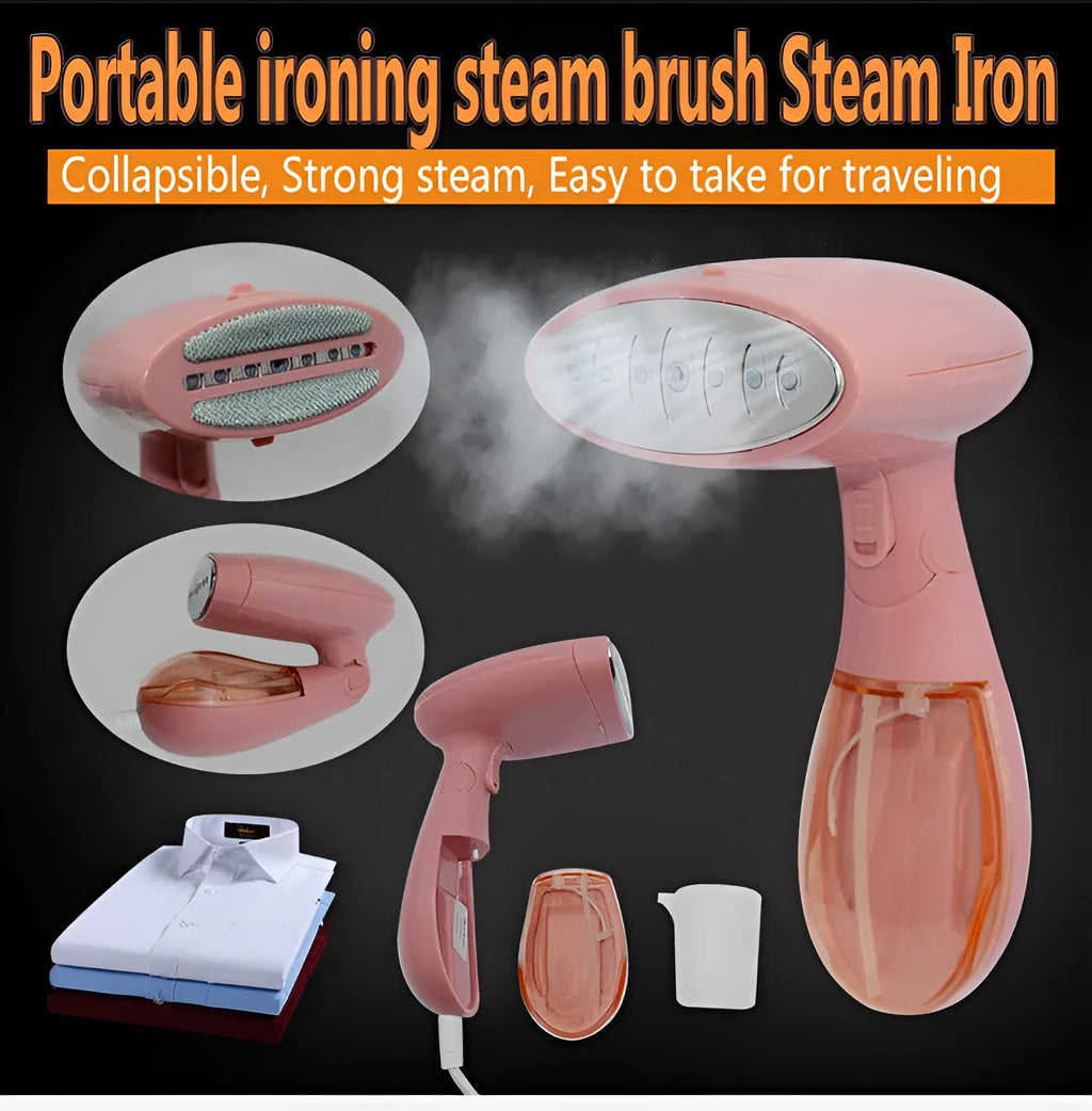 Sokany pink handheld steam ironing brush with power cord and EU plug.