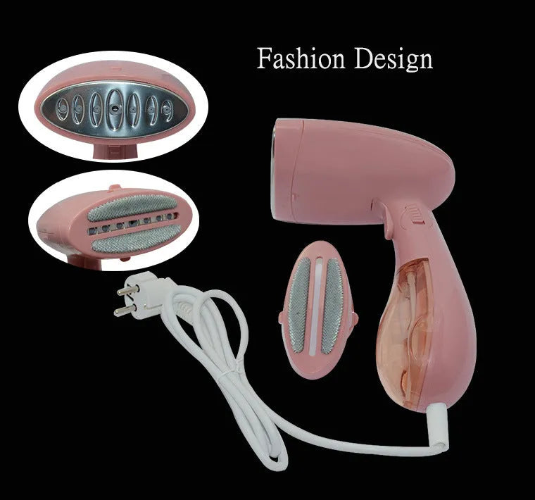 Sokany pink handheld steam ironing brush with power cord and EU plug.