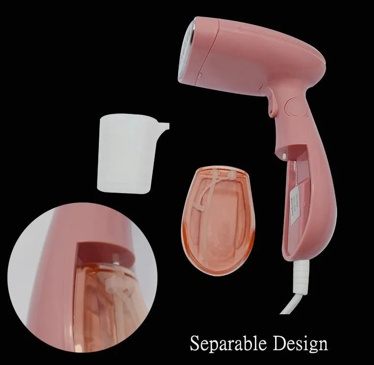 Sokany pink handheld steam ironing brush with power cord and EU plug.