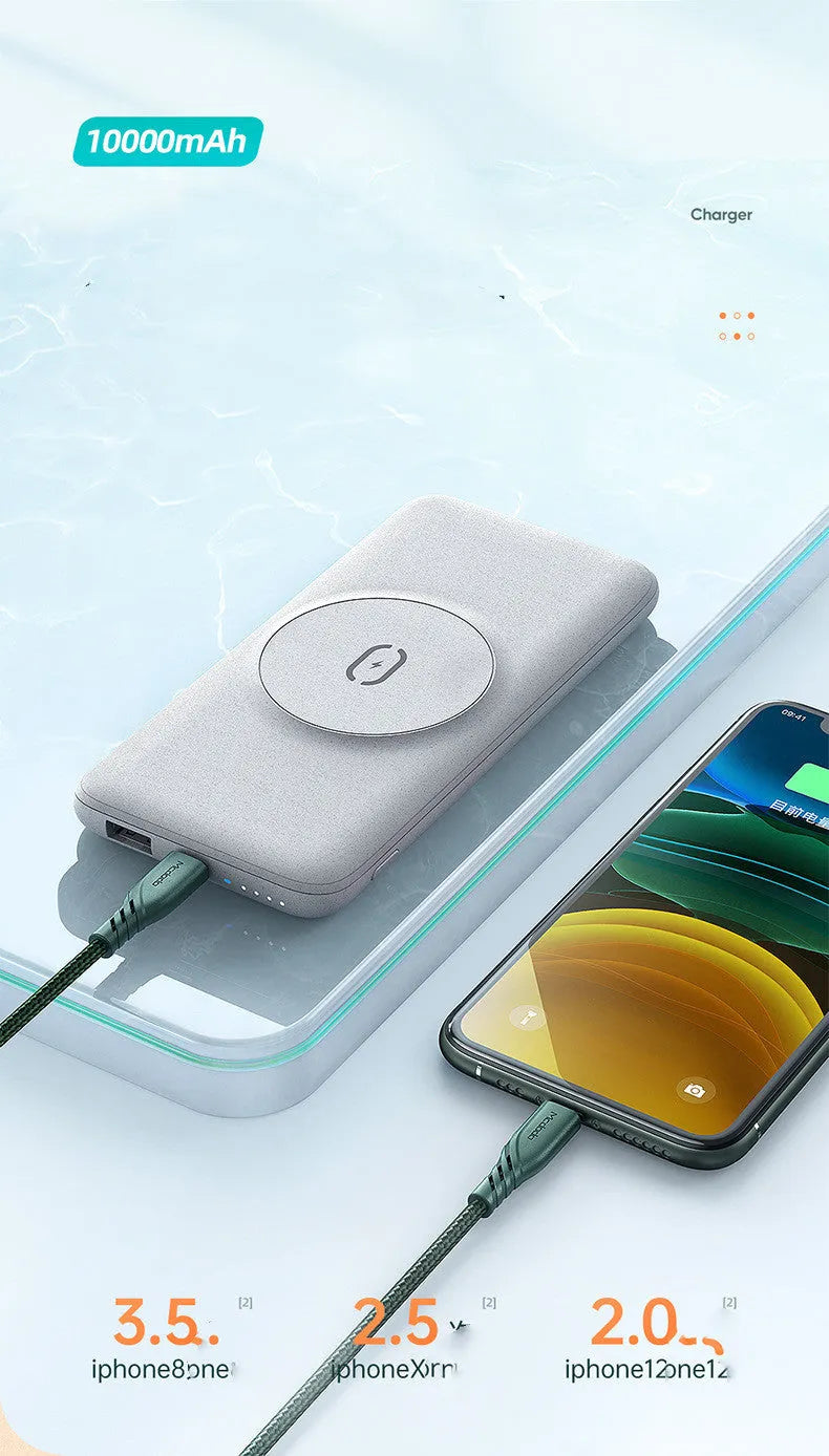 Mint green magnetic wireless power bank with back clip showing dimensions 15.5cm x 7.5cm