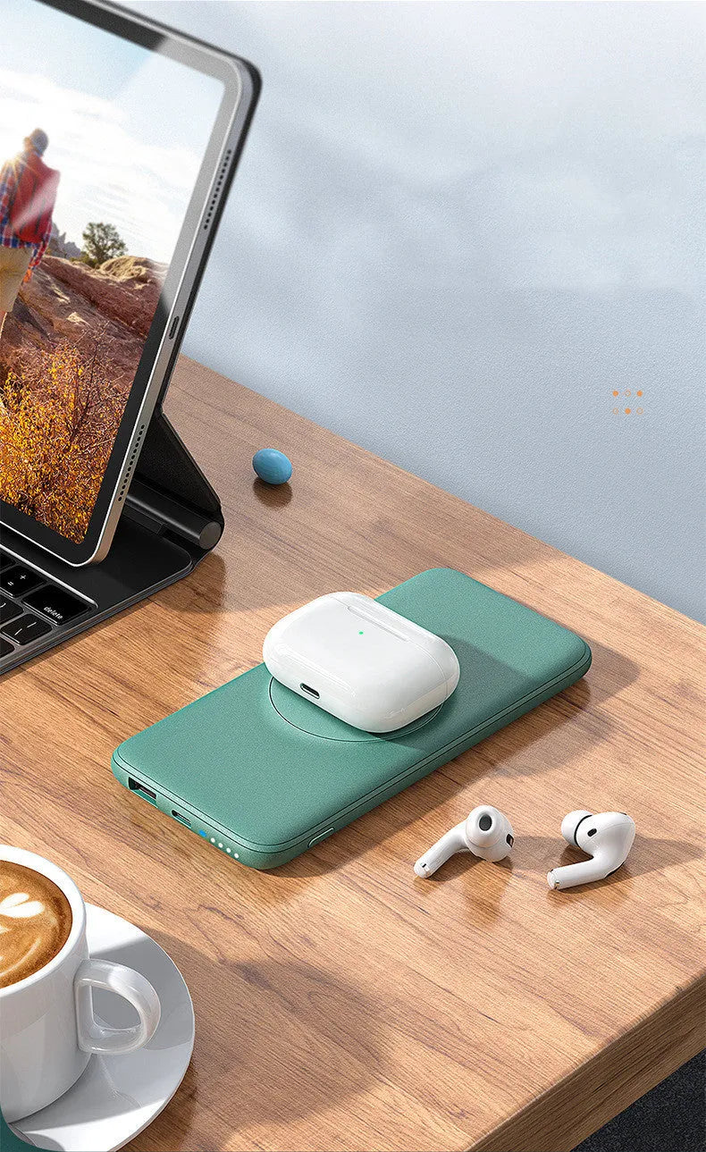 Mint green magnetic wireless power bank with back clip showing dimensions 15.5cm x 7.5cm