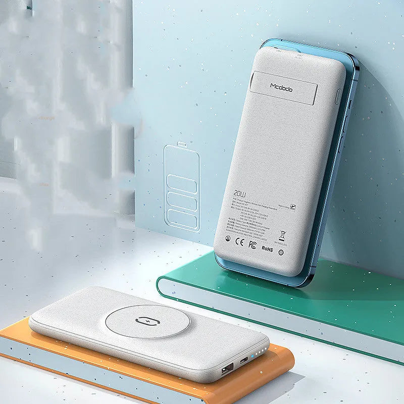 Mint green magnetic wireless power bank with back clip showing dimensions 15.5cm x 7.5cm
