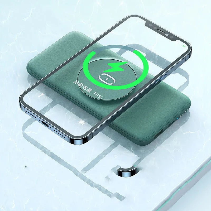 Mint green magnetic wireless power bank with back clip showing dimensions 15.5cm x 7.5cm