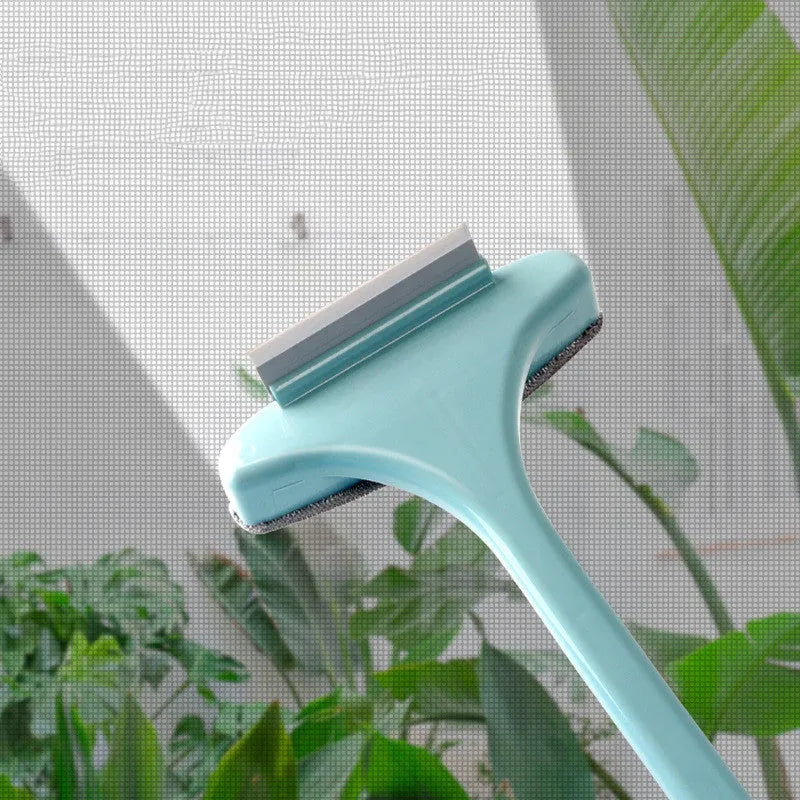 Blue double-sided window cleaning brush with a microfibre scraper on one side and a crevice brush attachment.