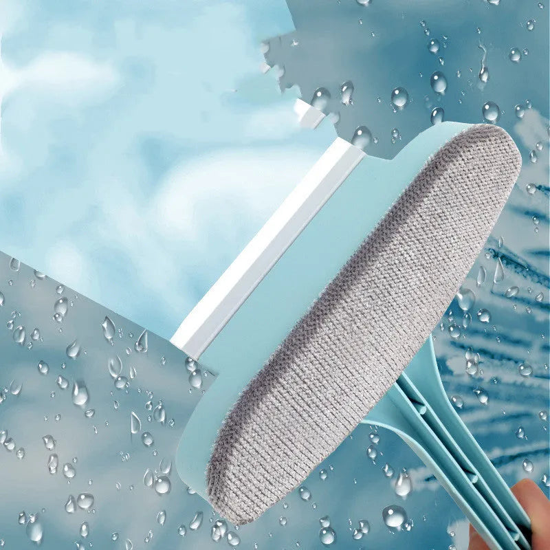 Blue double-sided window cleaning brush with a microfibre scraper on one side and a crevice brush attachment.