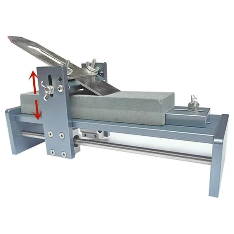 Fixed angle sharpening tool for woodworking planers and chisels on a workbench.