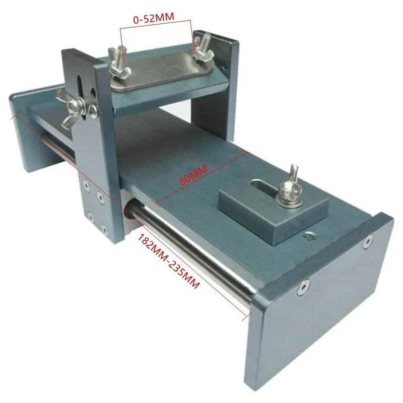 Fixed angle sharpening tool for woodworking planers and chisels on a workbench.
