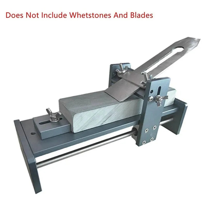 Fixed angle sharpening tool for woodworking planers and chisels on a workbench.