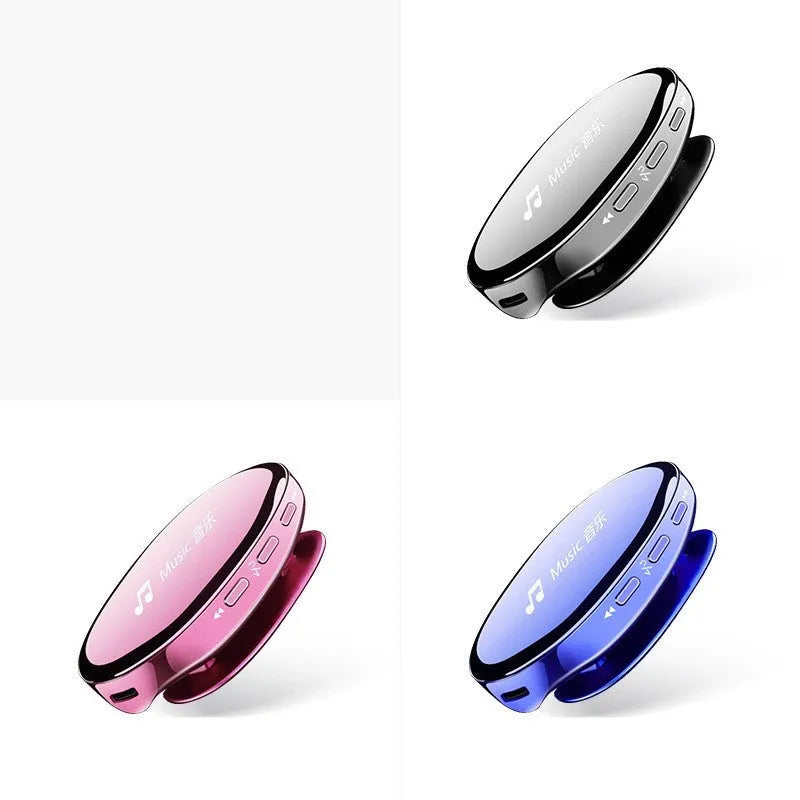 Blue Bluetooth MP4 music player with small OLED screen and push buttons on a black background.