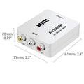 Small white AV to HDMI converter with attached cable on a black background.