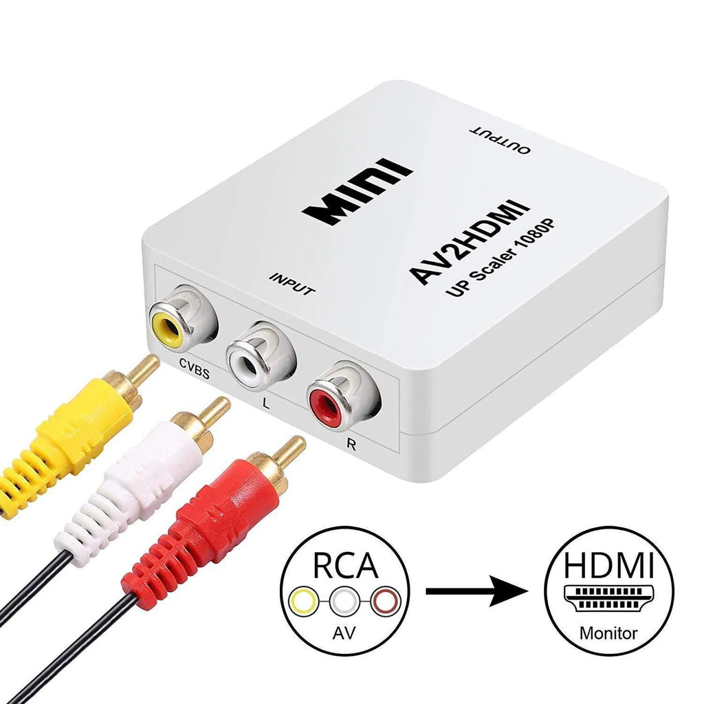 Small white AV to HDMI converter with attached cable on a black background.