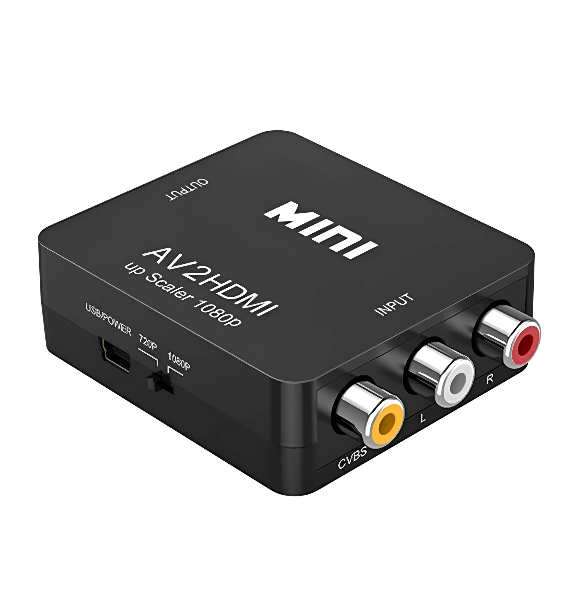 Small white AV to HDMI converter with attached cable on a black background.