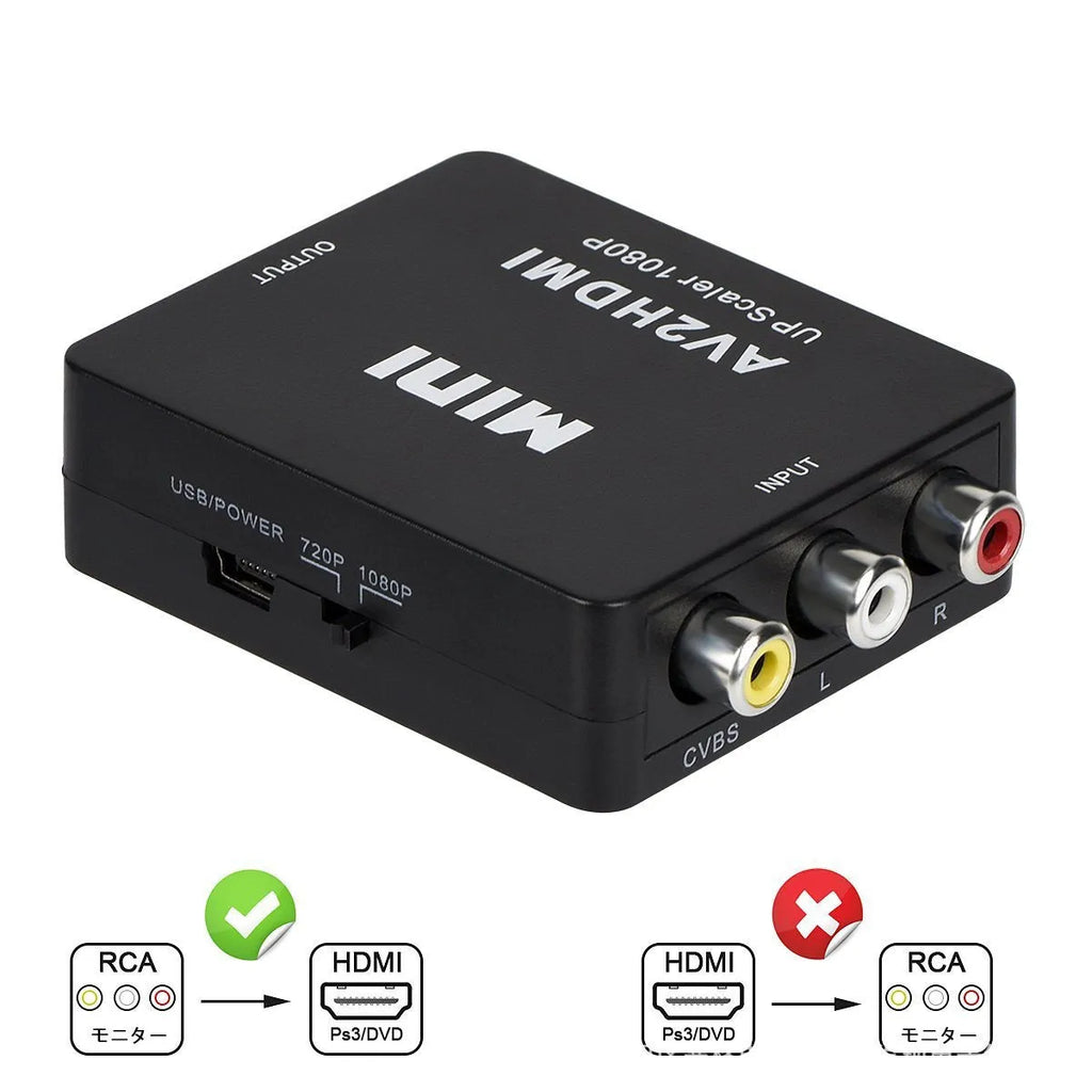 Small white AV to HDMI converter with attached cable on a black background.