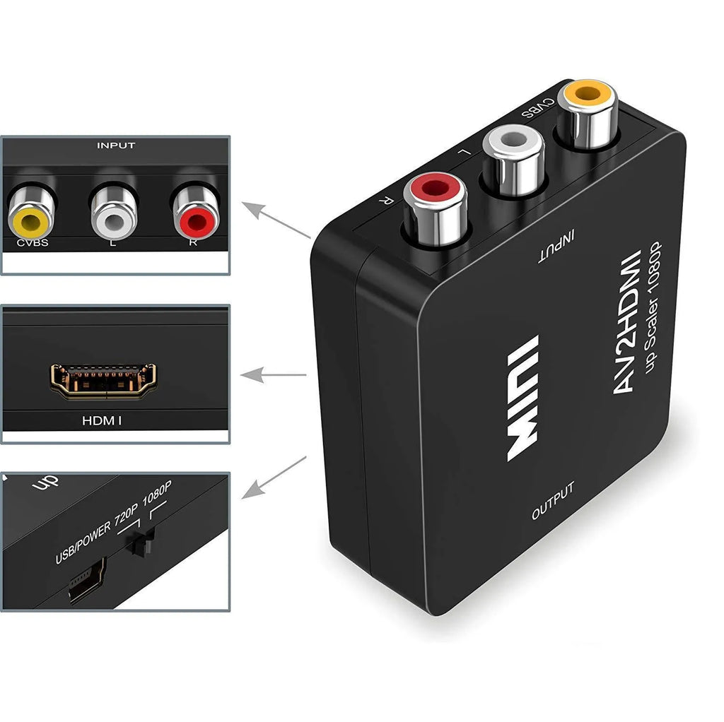 Small white AV to HDMI converter with attached cable on a black background.