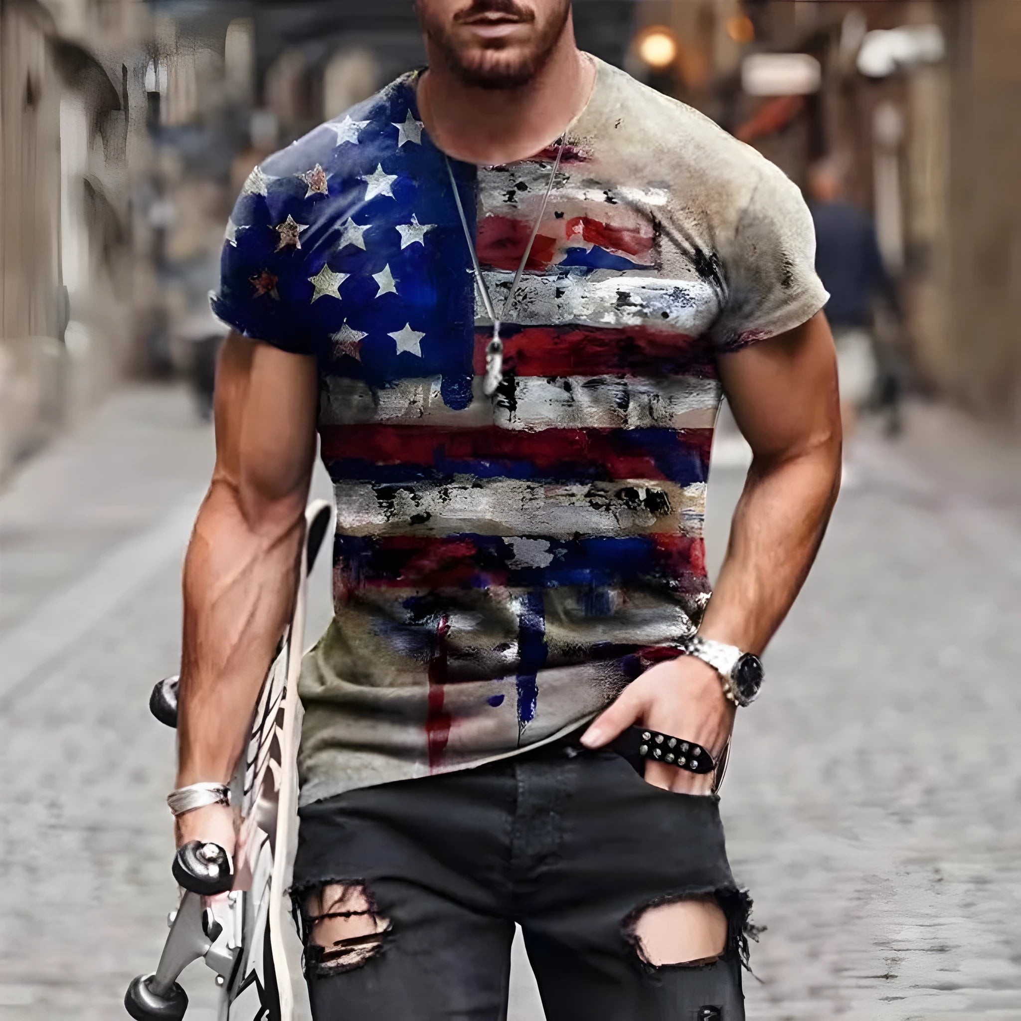 Mens vintage USA flag print slim short sleeve O-neck t-shirt in black mesh cloth on model front view