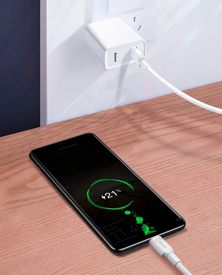 Android Micro USB charging cable showing black and white variants in 1 metre and 2 metre lengths
