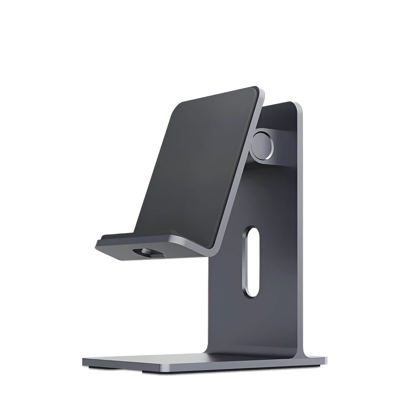 Alloy universal mobile phone holder for smartphones and tablets on desktop in dark space grey colour