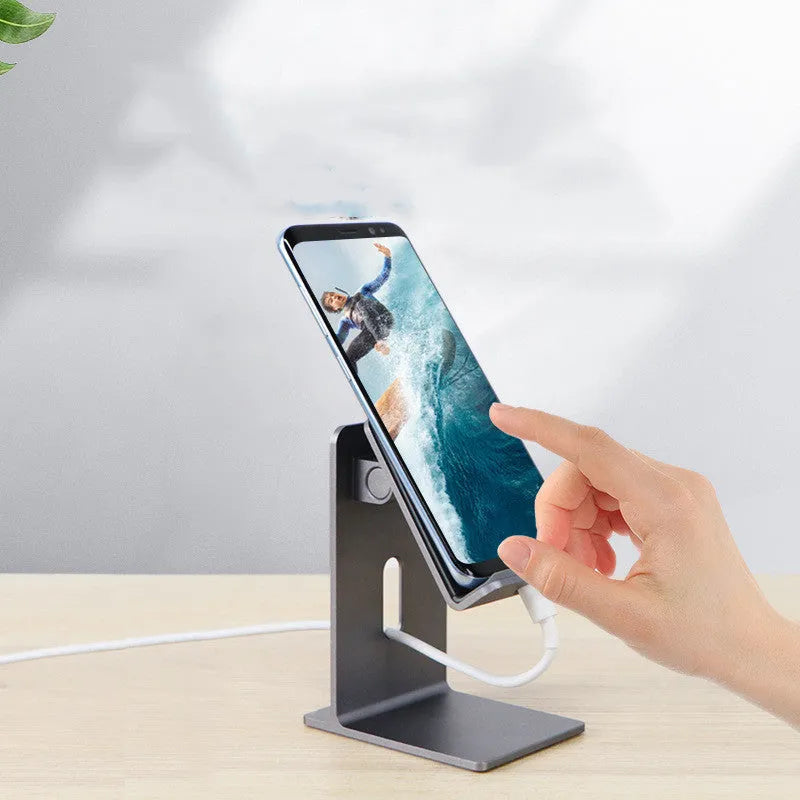 Alloy universal mobile phone holder for smartphones and tablets on desktop in dark space grey colour