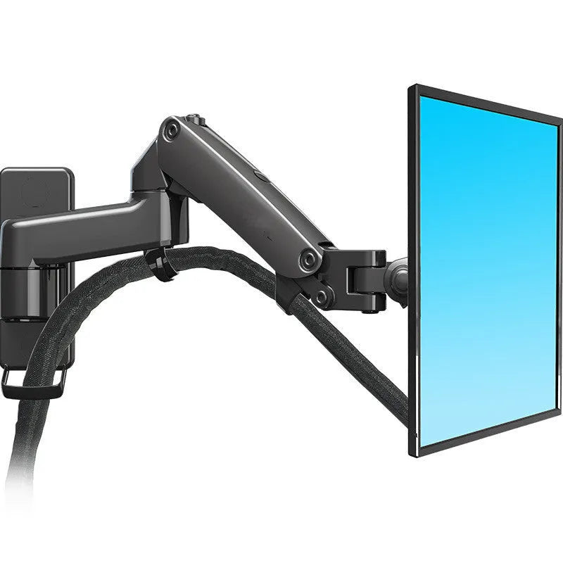 Black wall-mounted monitor stand with telescopic arm and VESA plate for 75-100mm mounting patterns