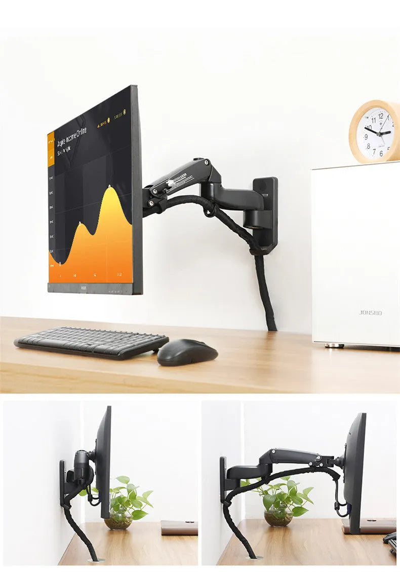 Black wall-mounted monitor stand with telescopic arm and VESA plate for 75-100mm mounting patterns