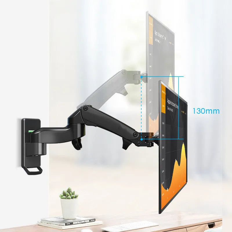 Black wall-mounted monitor stand with telescopic arm and VESA plate for 75-100mm mounting patterns