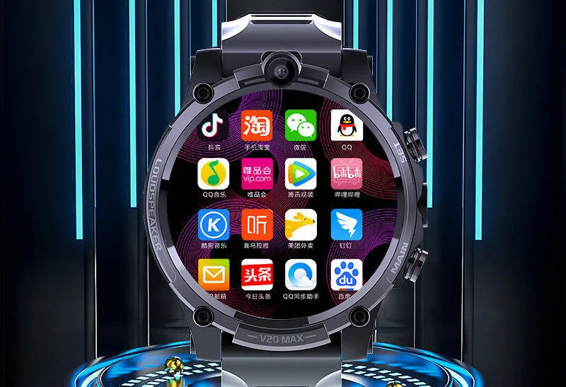 Black smart watch with 1.6-inch screen, wrist strap, dual cameras and heart rate monitoring
