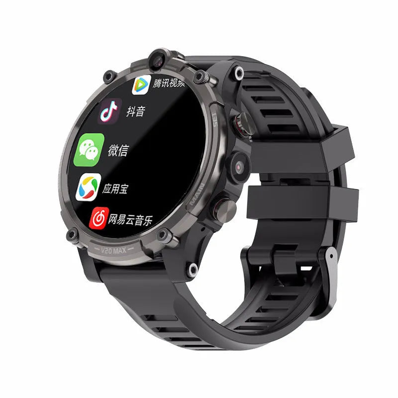 Black smart watch with 1.6-inch screen, wrist strap, dual cameras and heart rate monitoring