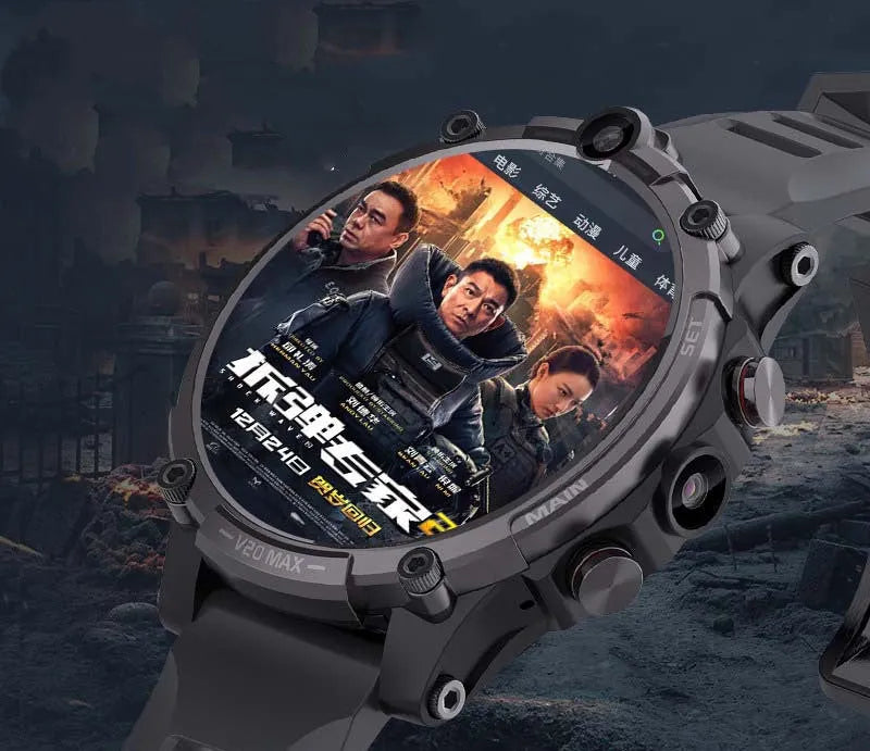 Black smart watch with 1.6-inch screen, wrist strap, dual cameras and heart rate monitoring