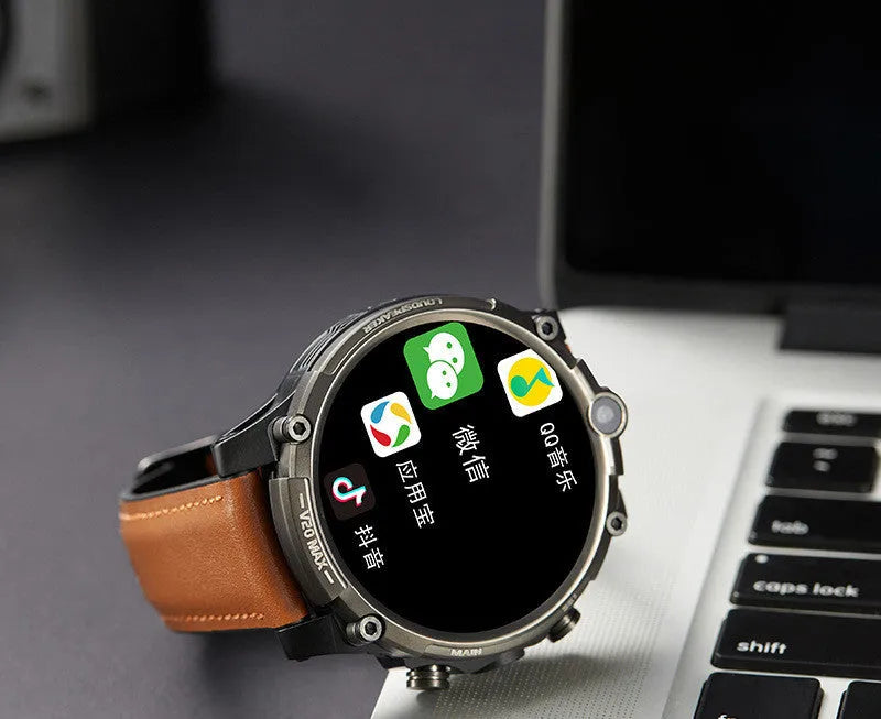 Black smart watch with 1.6-inch screen, wrist strap, dual cameras and heart rate monitoring