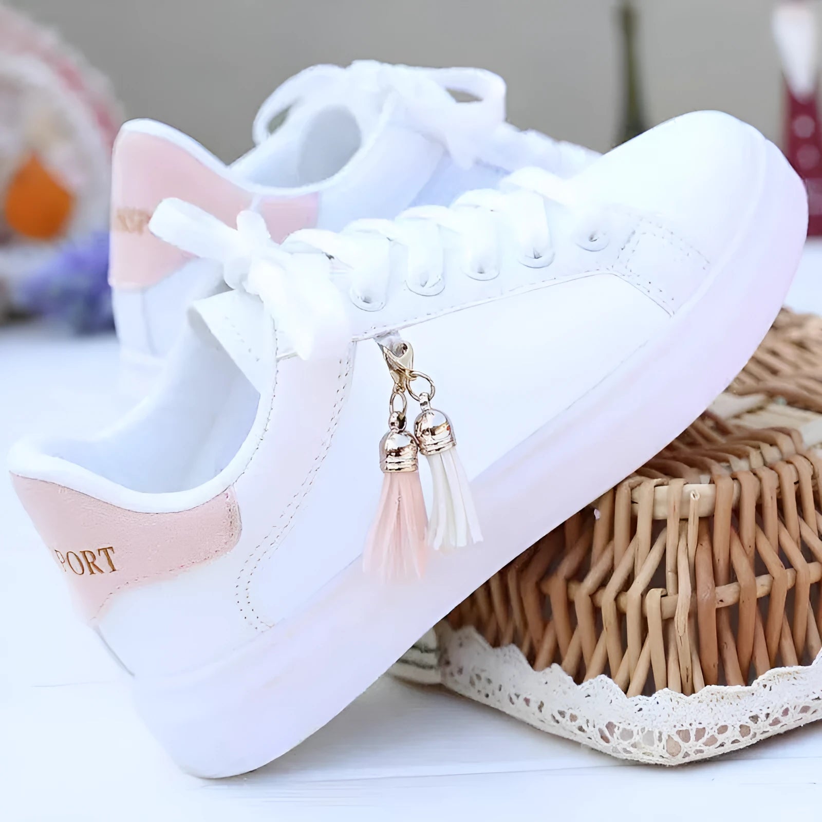 Women's white mesh flat casual shoes with a breathable lining and 4cm rubber sole.