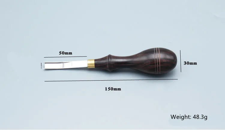 Sectional wide shovel edge thinning knife with leather handle for tool maintenance.