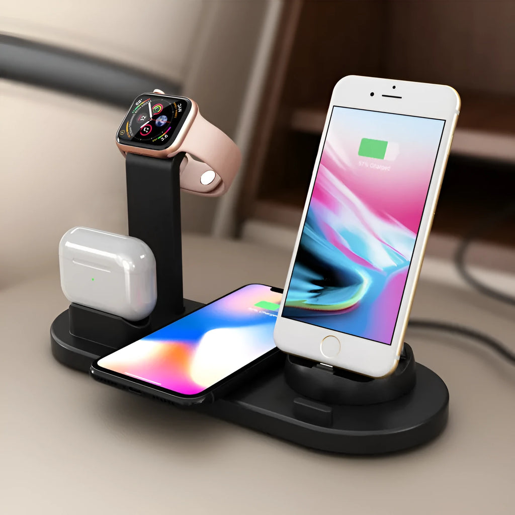 Black three-in-one wireless charging bracket for watch, headset, and phone charging