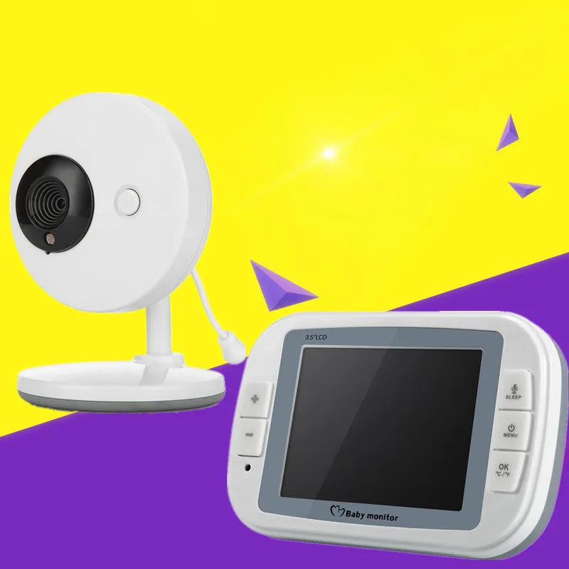 White UFO-style wireless baby monitor with 3.5-inch screen showing night vision camera view