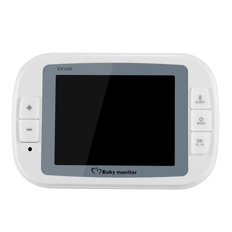 White UFO-style wireless baby monitor with 3.5-inch screen showing night vision camera view