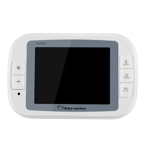White UFO-style wireless baby monitor with 3.5-inch screen showing night vision camera view