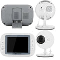 White UFO-style wireless baby monitor with 3.5-inch screen showing night vision camera view