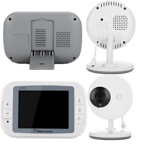 White UFO-style wireless baby monitor with 3.5-inch screen showing night vision camera view