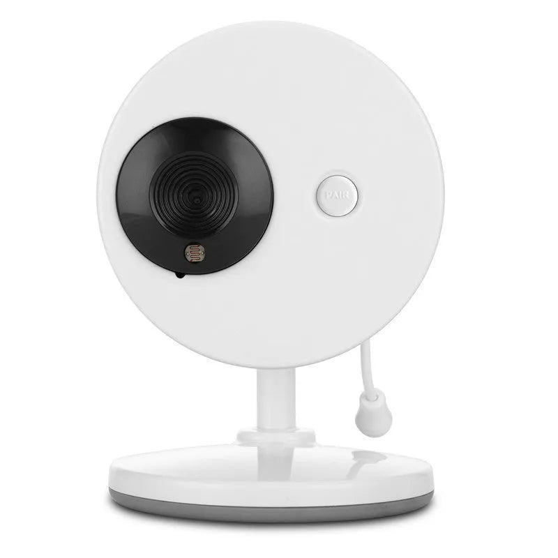 White UFO-style wireless baby monitor with 3.5-inch screen showing night vision camera view