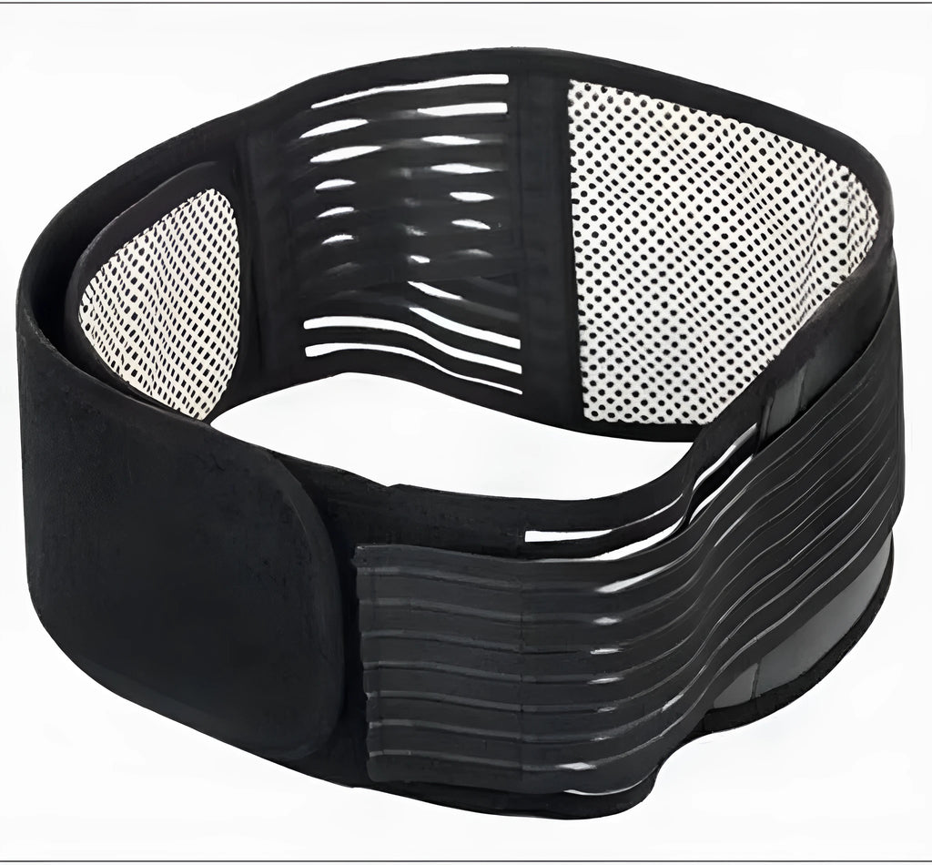 Self-heating waist protection fixed belt in elastic cloth shown in black and beige colours
