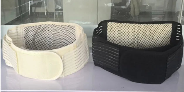Self-heating waist protection fixed belt in elastic cloth shown in black and beige colours