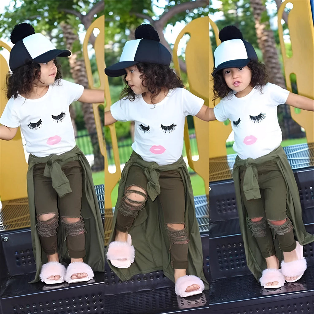 Pudcoco white girl set with eyelash short sleeve top and ripped trousers on child model