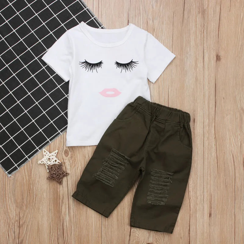 Pudcoco white girl set with eyelash short sleeve top and ripped trousers on child model