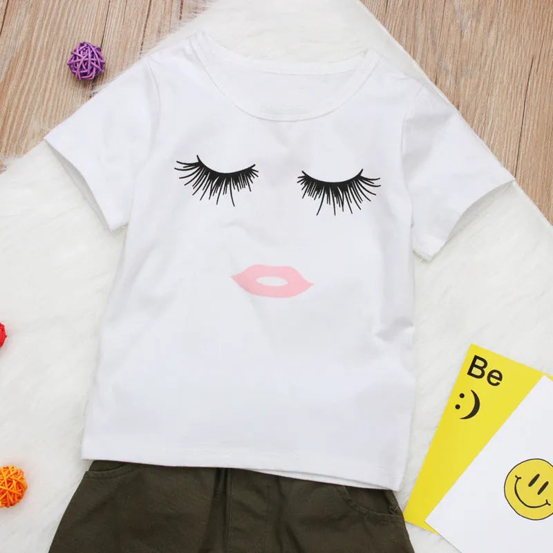 Pudcoco white girl set with eyelash short sleeve top and ripped trousers on child model