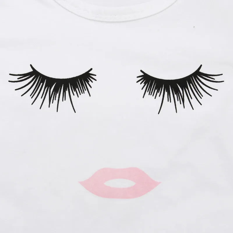 Pudcoco white girl set with eyelash short sleeve top and ripped trousers on child model