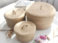 Japanese style linen fabric storage basket with a dustproof cover in three sizes.