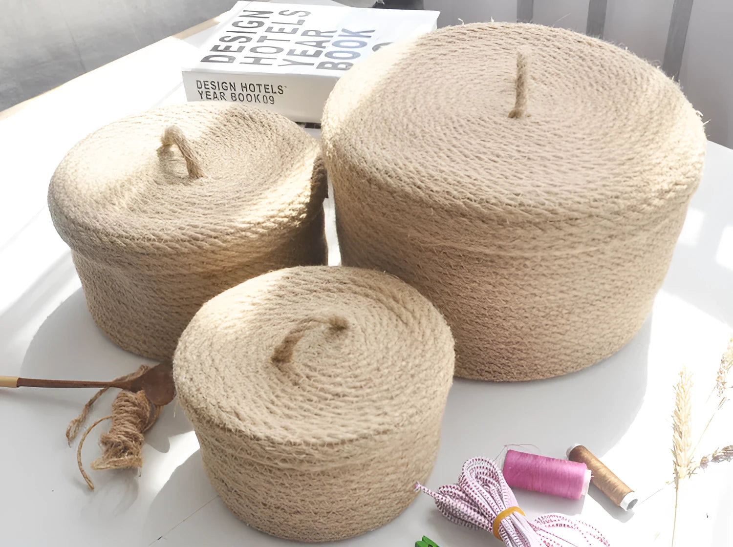 Japanese style linen fabric storage basket with a dustproof cover in three sizes.
