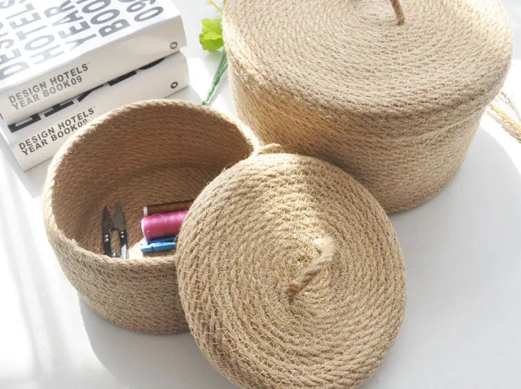 Japanese style linen fabric storage basket with a dustproof cover in three sizes.