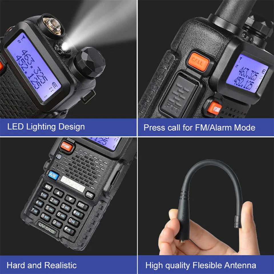 Baofeng UV-5R black handheld walkie talkie with dual antenna and 128 channel LCD screen