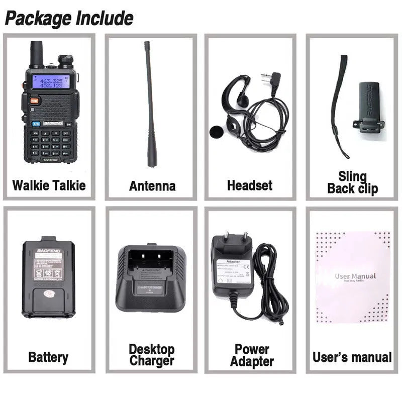 Baofeng UV-5R black handheld walkie talkie with dual antenna and 128 channel LCD screen